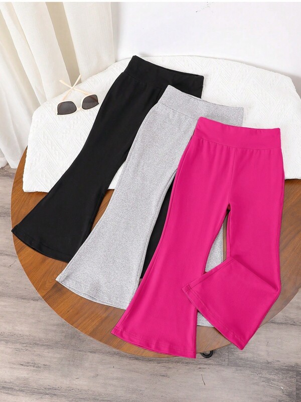 SHEIN Explorewe 3 buc/Set Young Girl Pantaloni evazați cu talie înaltă, de bază, de culoare uni, casual