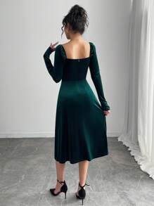 INAWLY Women's Fashion Sexy & Elegant Velvet Slit Dress Fall Cloth For Women - Dark Green - View 3