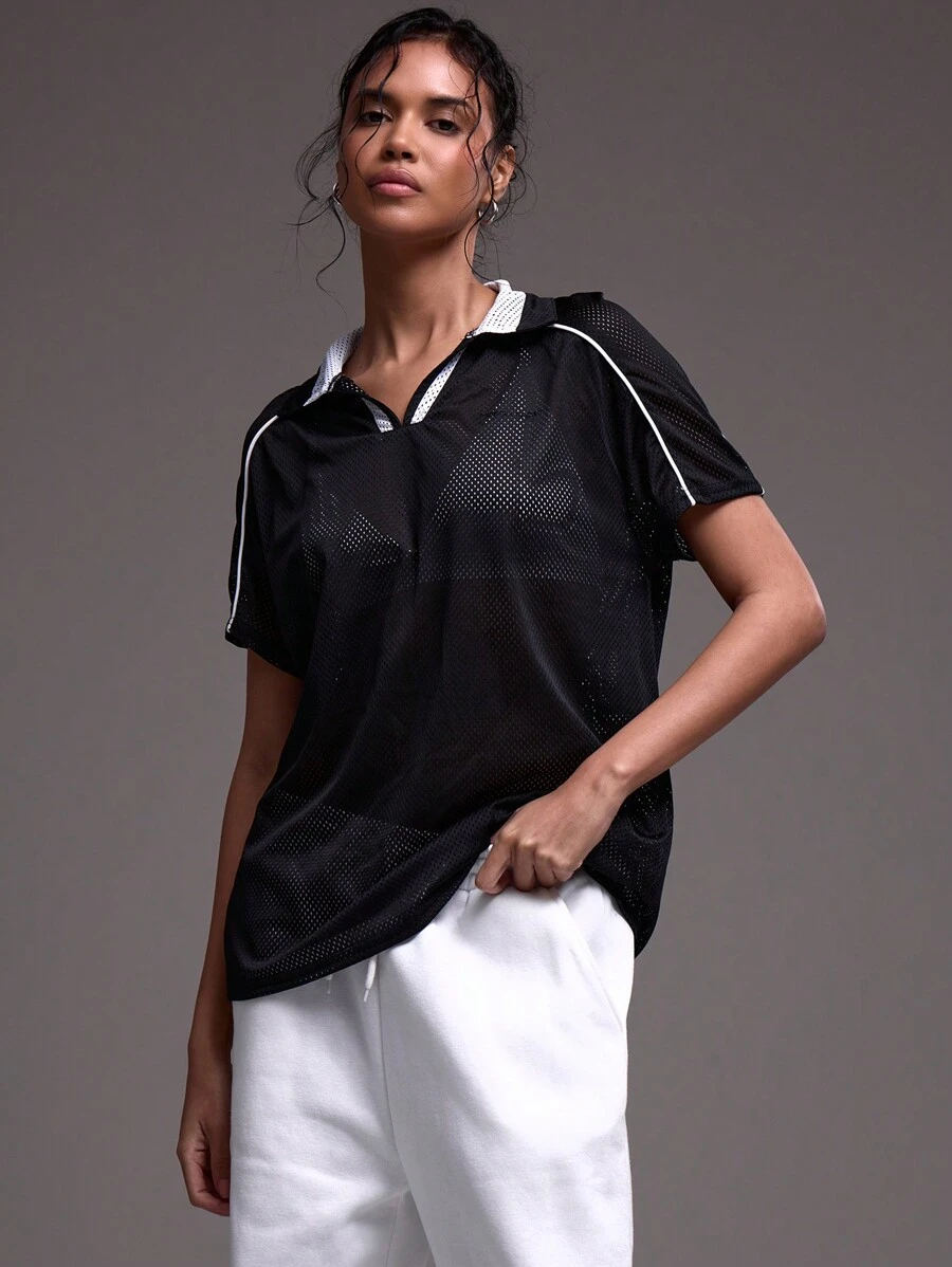 Musera Sport Mesh Contrast V Neck Collar Sport Top , Padel, Tennis, Pickleball Gym Fitness - Black and White - View 1