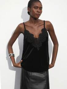 Maija 女士圣诞派对蕾丝拼接天鹅绒黑色吊带背心，适合秋冬季、情人节、节日、独立日、圣若昂节、毕业典礼、假日等场合。 - 黑色 - 查看 3
