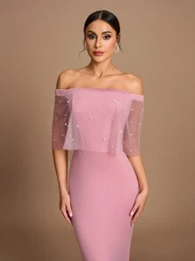 SHEIN Belle Vestido de mujer elegante y romántico con mangas estilo chal y hombros descubiertos, de punto elástico de color rosa claro, con decoración de perlas falsas, silueta de sirena, apropiado para bodas, fiestas y atuendo formal de dama de honor