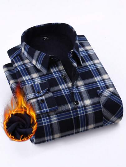 Manfinity Bizformal Men's Casual Plaid Warm Flannel Shirt, Autumn/Winter, Men Winter Plaid Shirts, Men Flannel Shirts, Blue Plaid Shirt, Men Warm Shirts