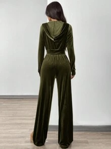 SHEIN EZwear Set de 2 piezas compuesto por chaqueta con capucha con cremallera de terciopelo de punto verde y pantalones con cordón para mujer