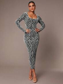 Silquee 女士优雅华丽派对女士长袖适合秋冬季方领闪光修身连衣裙万圣节 - 銀色 - 查看 6