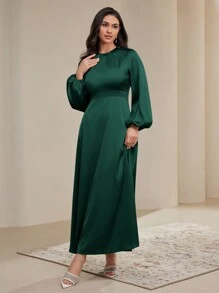 Veilorie Đầm thường ngày xếp ly phía trước tay dài cổ tròn trơn dành cho nữ, kín đáo - Màu xanh lá cây đậm - Xem 8