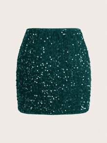 SHEIN Clasi Sequin Bodycon Mini Skirt, Solid Color Casual Minimalist Fashion