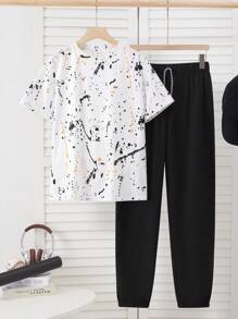 SHEIN 2pcs/Set Teen Boy Casual Streetwear Sporty Chic Splatter Paint Design White Short Sleeve T-Shirt And Black Pants Outfit Set - Multicolor - View 7