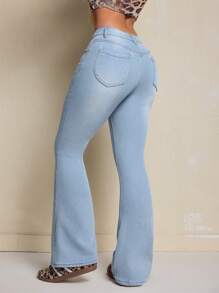 SHEIN SXY Distressed Flare Fit Jeans With Thermal Lined, Casual For Autumn/Winter - Light Wash - View 2