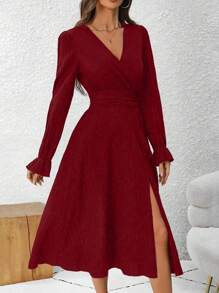 SHEIN Clasi 女士休闲纯色纹理开衩下摆连衣裙，秋季勃艮第红长款女装 - 酒紅色 - 查看 4