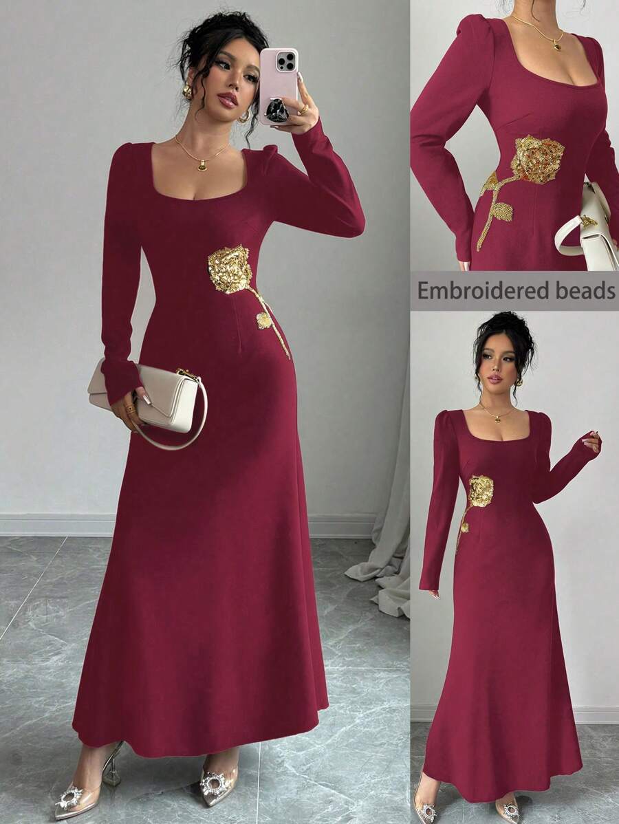 Modelyn فستان طويل منسوج أنيق بياقة مُزَين للسيدات ذو أكمام طويلة وتفصيل متناسق الطول ماكسي، إطلالة للسيدات للمناسبات الرسمية المسائية الطويلة - الأحمر - مشاهدة 1