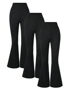 3pcs/Set Tween Girls' Flare Leg Black Pants, Versatile Casual Wear For Spring & Summer, School, Campus, College