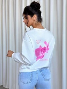 Aloruh Sudadera con estampado floral colocado para mujer, moda europea y americana