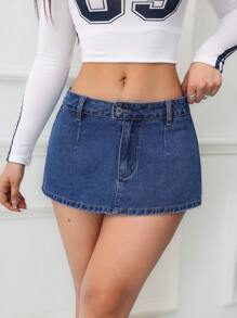 SHEIN ICON 女士牛仔 A 字裙，休闲时尚，适合日常穿着 - 深色水洗藍 - 查看 5