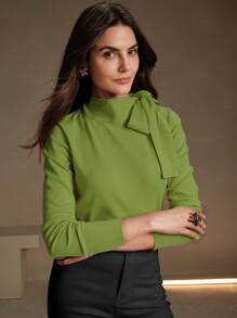 Anewsta Women's Elegant Solid Color Bowknot Shoulder Design Pullover Sweater, Suitable For Autumn, Winter, Going Out, Leisure, Formal, Party, Fashionable, New Year, Christmas, Work, Graduation, Wedding - Green - View 4