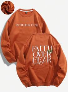 Chillumni Men's Letter & Butterfly Print Crew Neck Casual Pullover Sweatshirt , Fall - Orange - View 1