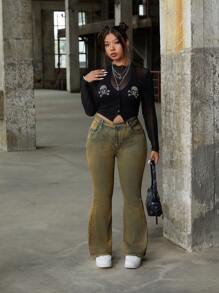 SHEIN ICON Plus Size Women Pockets Flared Casual Versatile Jeans