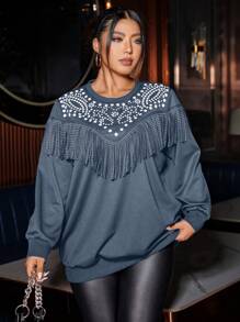 Calvaya Plus Size Dames Ronde Hals Trui Gebreid Bedrukt Kwastje Strass Versierd Lange Mouw Hoodie