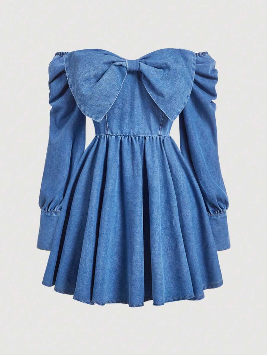 SHEIN MOD 1pc Women's Denim Off Shoulder Long Sleeve Mini Dress, Sweet Blue Color,Long Sleeve Valentines Dress,Valentine's Day,Bow Dress,Mini Women Dresses,Going Out Outfits, Prom Dress,Women Denim Dress - Medium Wash - View 1