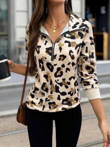 SHEIN LUNE 随机豹纹拉链半襟长袖休闲女式连帽衫，秋季