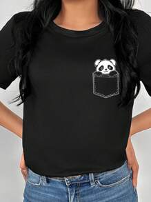 EMERY ROSE Cute Panda Print,Women's Top, Graphic Print Crew Neck T-Shirt With Pockets Graphic Tees Women Tops - Black - View 3