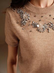 Anewsta Handmade Embroidered And Rhinestone Embellished Knit Top - Khaki - View 2