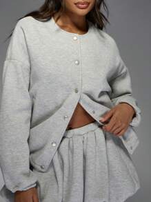 MISSGUIDED 超大宽松飞行员运动衫泡泡下摆纽扣前开运动休闲家居服秋冬健身休闲运动街头服饰 - 灰色 - 查看 6