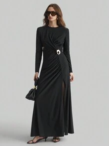 Ontre Long Sleeve Knit Dress, Material, Women's Clothing 2025 New Spring Collection, Black Color V-Neck Long Sleeve High Slit Elegant Sexy Dress, Women's Spring/Summer Clothing, Metal Decor - Black - View 1