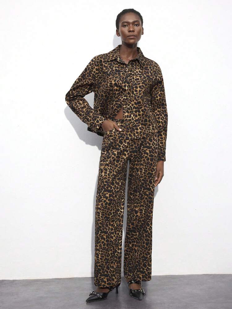 SHEIN Maija Women Leopard Print Turndown Collar Daily All-Match Jacket, Autumn/Winter,Festival