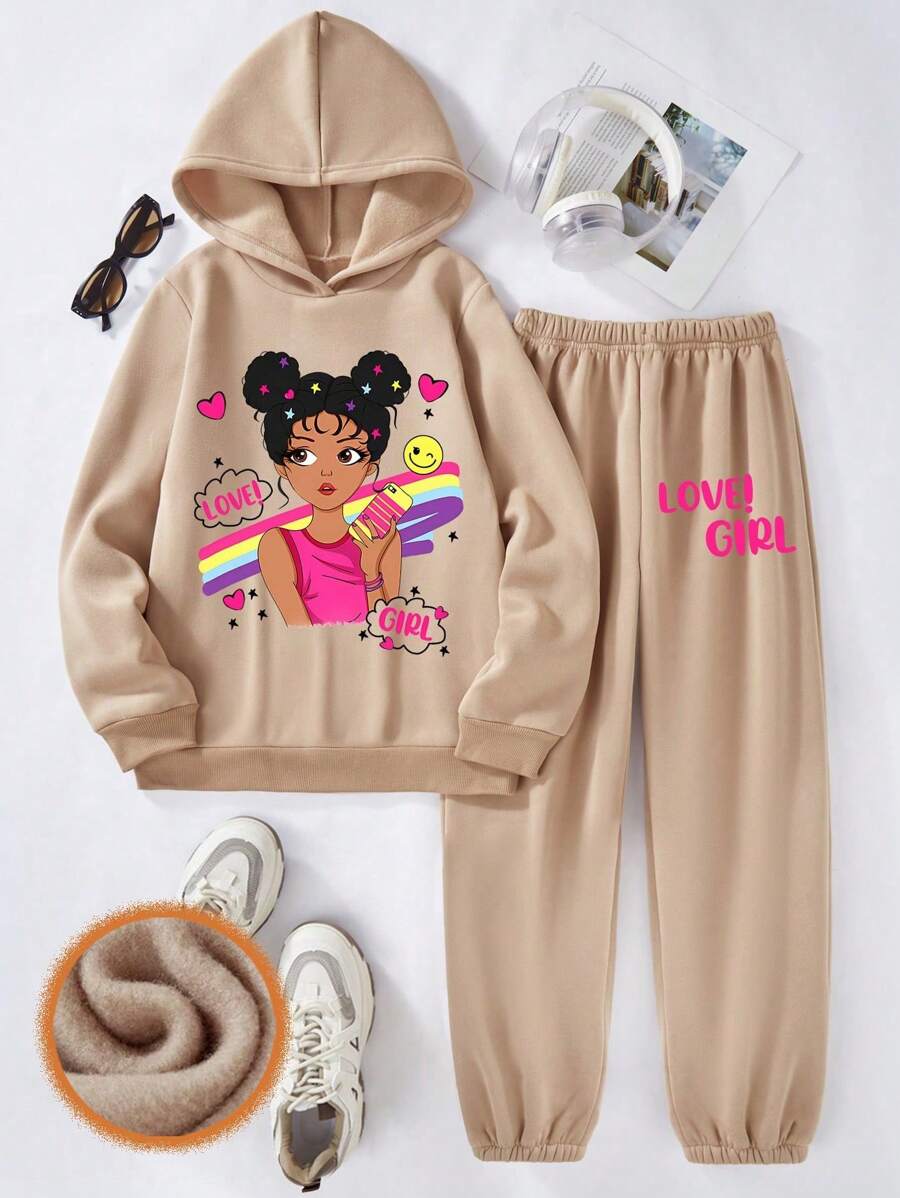 2 件套青少年女孩休闲时尚连帽运动衫和运动裤套装 - 卡其色 - 查看 1