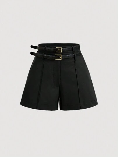 SHEIN MOD 百搭双腰带阔腿灰色短裤休闲女装正装短裤制服短裤职业装秋季短裤内搭短裤