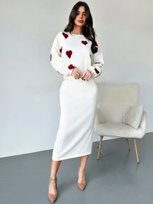 Firerie 2 Pieces Set: Casual Basic Christmas Heart Pattern Knit Sweater & Solid Color High Waist Skirt For Autumn/Winter Valentine's Day - White - View 3