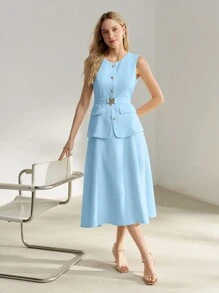 MOTF PREMIUM Vestido midi con botones delanteros, sin mangas y cinturón para mujer