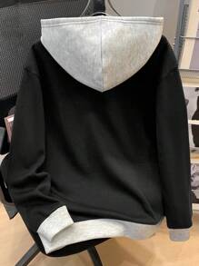 SHEIN Teen Boys' Casual Color Block Sweatshirt With English Graphic Print, Warm Fleece Pullover, Versatile For Daily Wear, Autumn/Winter - Black - View 2