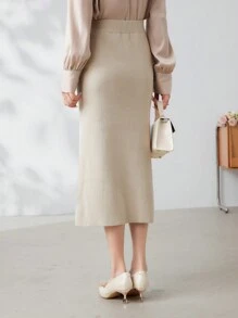 DAZY Solid Color Women Casual Pullover Sweater Mid-Length Skirt,Fall Clothes - Apricot - View 2