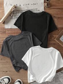 SHEIN EZwear 3 件套 Tween 女孩休闲蜘蛛图案 T 恤，复古酷女孩 Y2K 风格短袖短款上衣，适合夏季 - 彩色 - 查看 2
