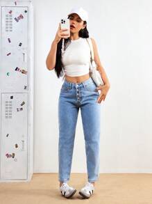 SHEIN Essnce Casual Washed Tapered Denim Jeans - Light Wash - View 5