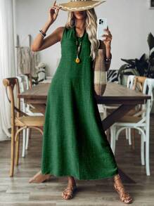 Breezaya 女士纯色 V 领无袖长款宽松休闲连衣裙长款女装