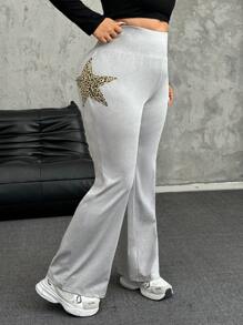 SHEIN EZwear Plus Size Casual Leopard Print & Star Applique High Waist Sweatpants