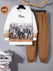 2pcs/Set Tween Boy Casual Character Print Long Sleeve Hoodie And Elastic Waist Pants Set, Suitable For Autumn, Spring And Winter, Great For Outdoor Play, School, Street Style, Party And Casual Wear, High Cost Performance