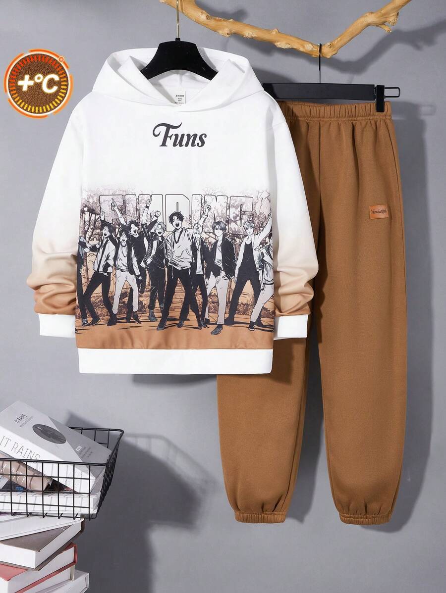 2pcs/Set Tween Boy Casual Character Print Long Sleeve Hoodie And Elastic Waist Pants Set, Suitable For Autumn, Spring And Winter, Great For Outdoor Play, School, Street Style, Party And Casual Wear, High Cost Performance