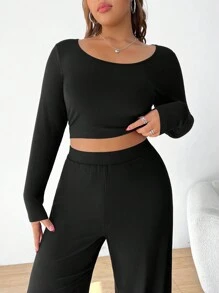 SHEIN EZwear Plus Size Women Basic Homewear Casual 2 Pieces Set, Round Neck Long Sleeve Top & Pants