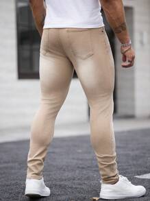 Manfinity Homme 男式口袋紧身休闲百搭卡其色牛仔裤 - 卡其色 - 查看 2