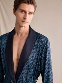 男士全印花长袖中长款浴袍家居套装 - 彩色 - 查看 2