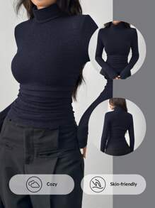 SHEIN EZwear Navy Blue Knitted Women Tight Fit T-Shirt, Minimalist Fashionable Casual Daily Wear