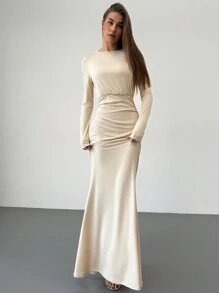 Aloruh Elegantes aprikotfarbenes figurbetont Kleid mit rundem Ausschnitt, enge, schlanke Passform, geeignet für Cocktailparty, Feiertage, Urlaub