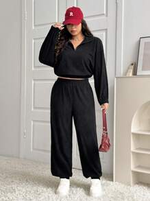 SHEIN EZwear 2 件大码纯色立领半拉链长袖上衣和裤子套装，秋冬 - 黑色 - 查看 6