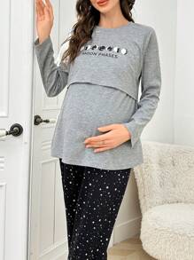 Pijama de lactancia de manga larga y pantalones largos con estampado de galaxia para maternidad