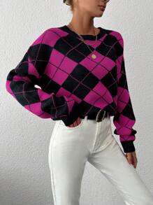EURMUSE Argyle Pattern Drop Shoulder Sweater - Multicolor - View 5