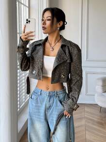 SHEIN EZwear Women's Autumn Leopard Print Lapel Collar Long Sleeve Short Fashionable Trench Coat