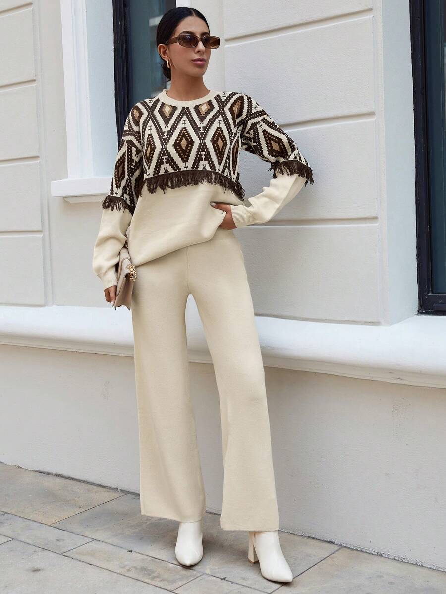 SHEIN Cottnline Geo Pattern Fringe Trim Sweater & Knit Pants - Apricot - View 1